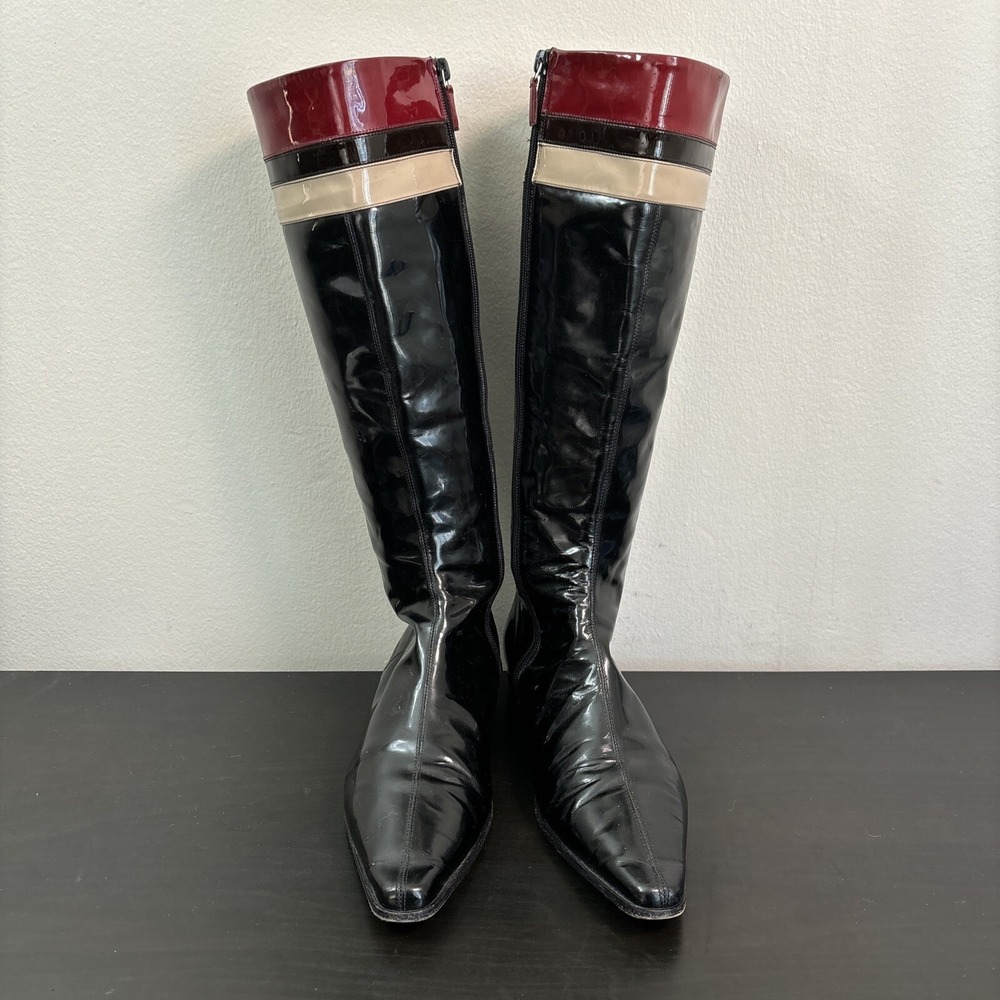 Burberry Red Black Patent Leather Pointed-Toe Knee-High Riding Boots Womens 37.5 - Picture 2 of 16